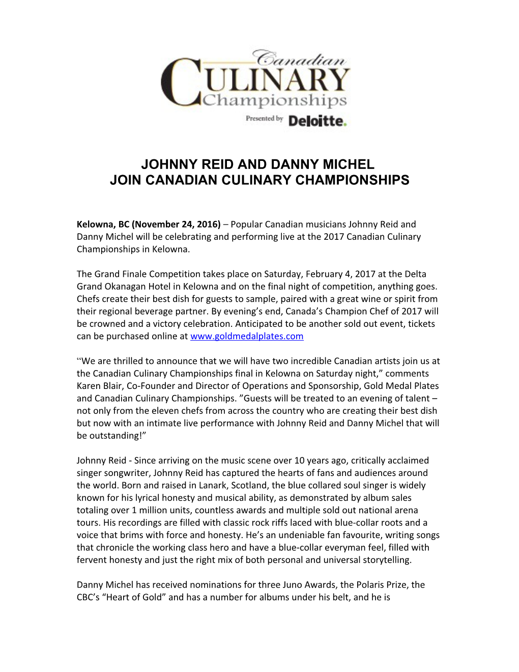 Johnny Reid and Danny Michel Join Canadian Culinary Championships