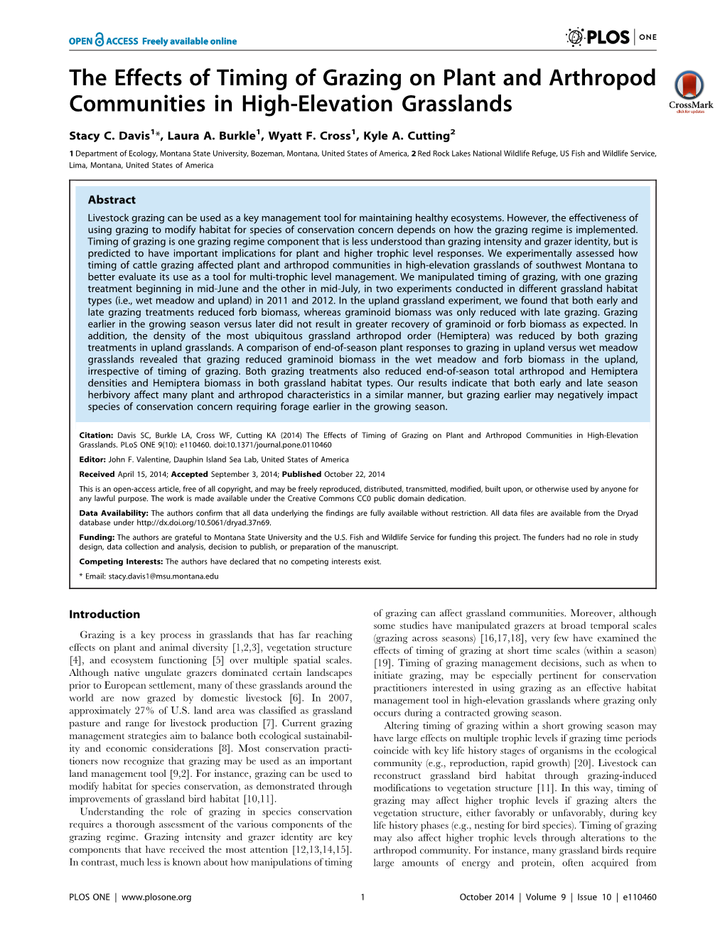 The Effects of Timing of Grazing on Plant and Arthropod Communities in High-Elevation Grasslands