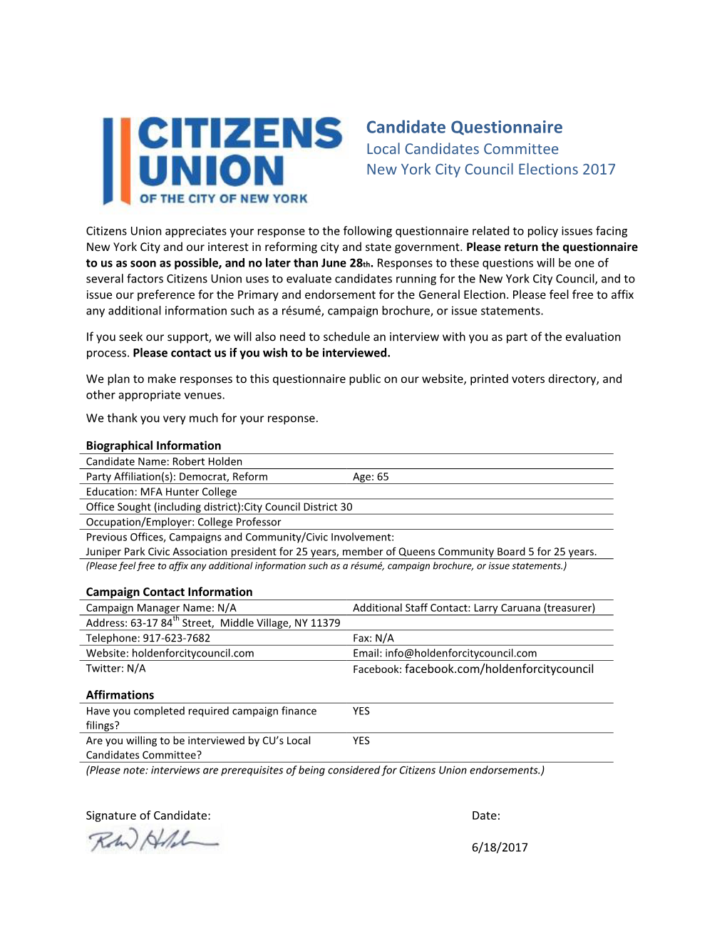 Candidate Questionnaire Local Candidates Committee New York City Council Elections 2017