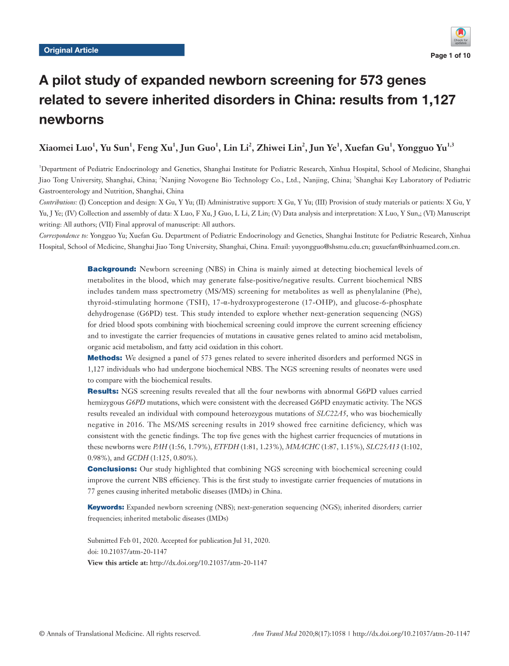 A Pilot Study of Expanded Newborn Screening for 573 Genes Related to Severe Inherited Disorders in China: Results from 1,127 Newborns
