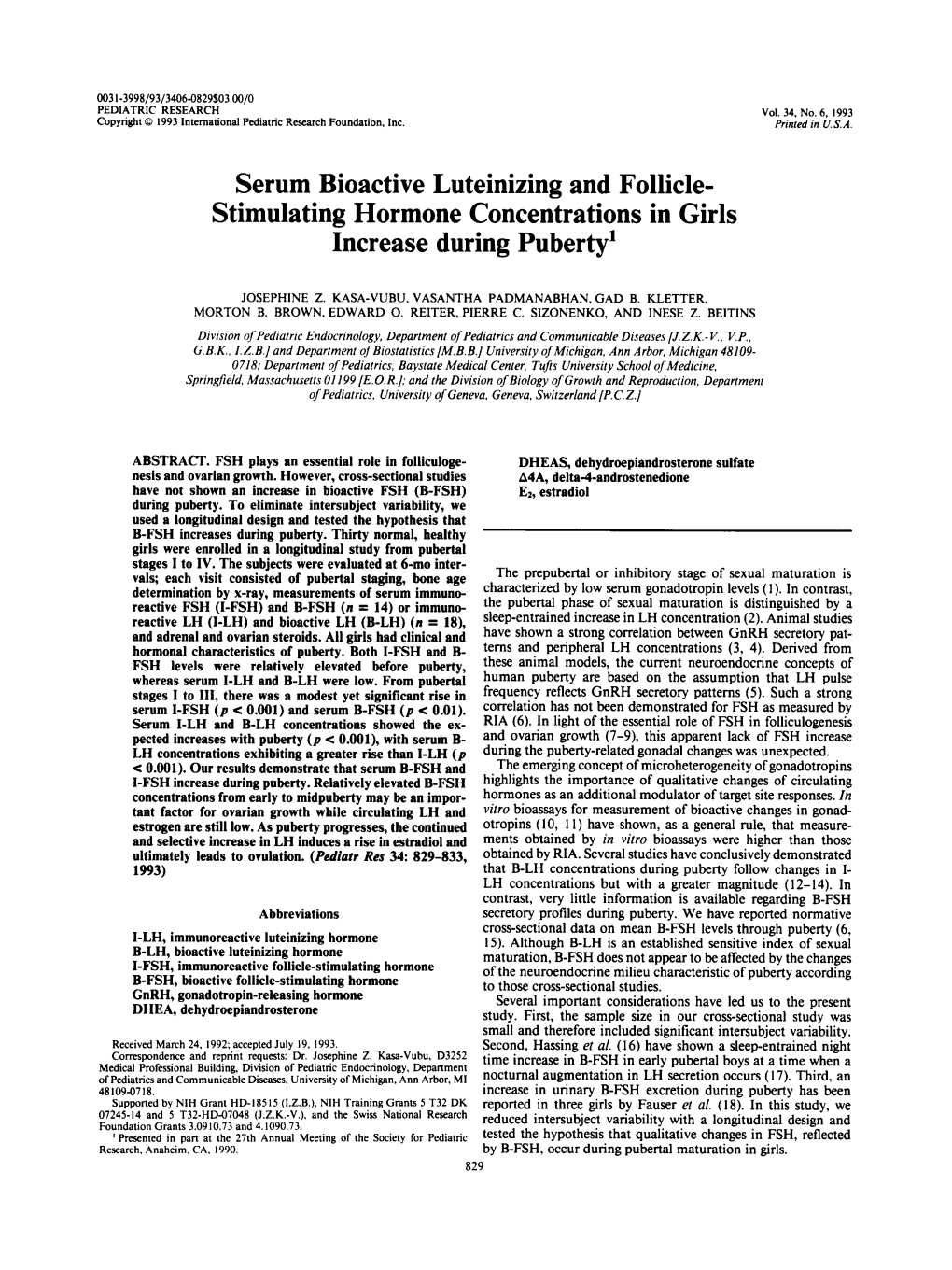 Stimulating Hormone Concentrations in Girls Increase During Puberty1