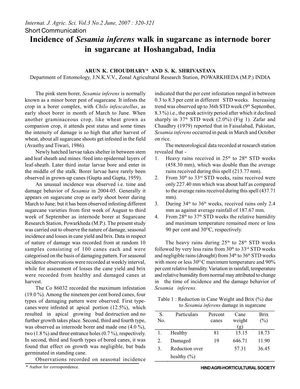 Incidence of Sesamia Inferens Walk in Sugarcane As Internode Borer in Sugarcane at Hoshangabad, India