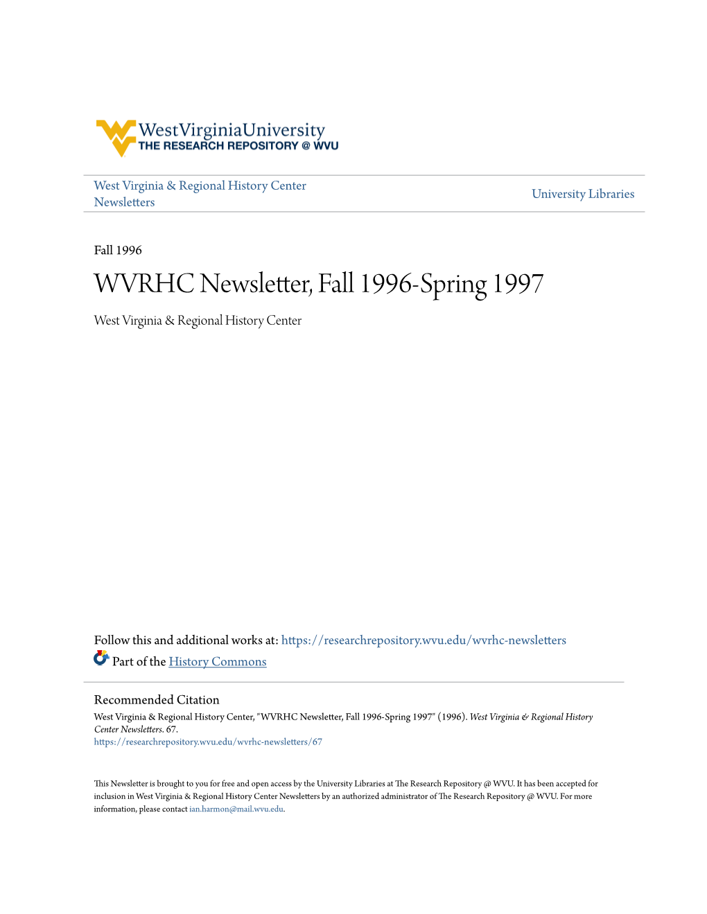 WVRHC Newsletter, Fall 1996-Spring 1997 West Virginia & Regional History Center