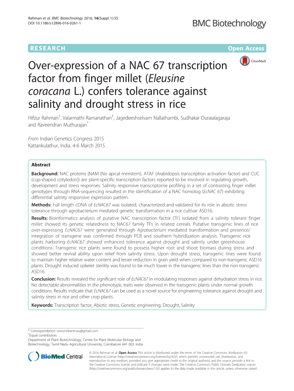 Over-Expression of a NAC 67 Transcription Factor from Finger Millet