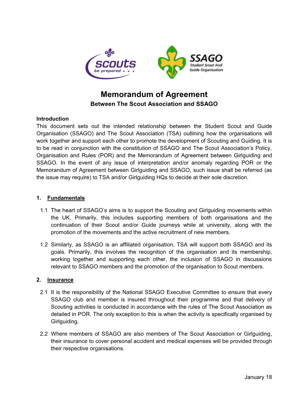 Memorandum of Agreement Between the Scout Association and SSAGO