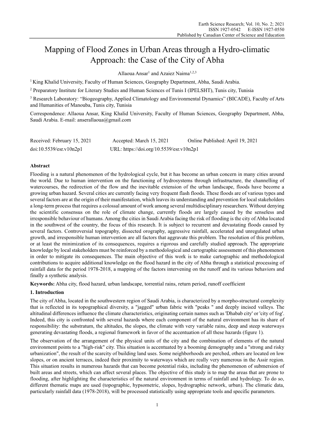 Mapping of Flood Zones in Urban Areas Through a Hydro-Climatic Approach: the Case of the City of Abha
