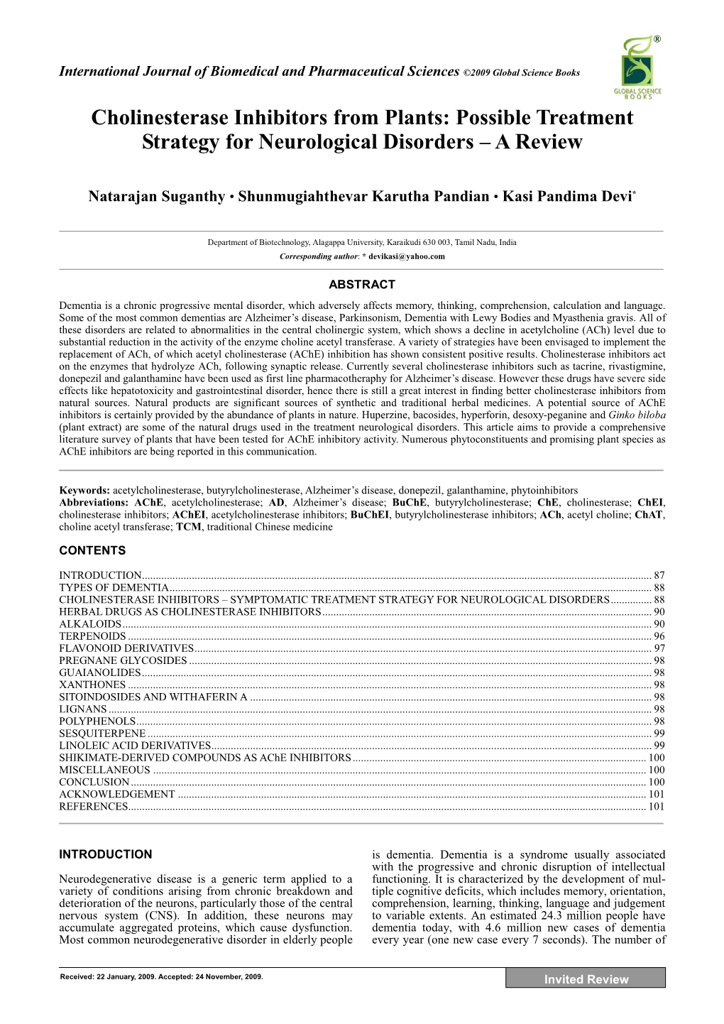 Cholinesterase Inhibitors from Plants: Possible Treatment Strategy for Neurological Disorders – a Review