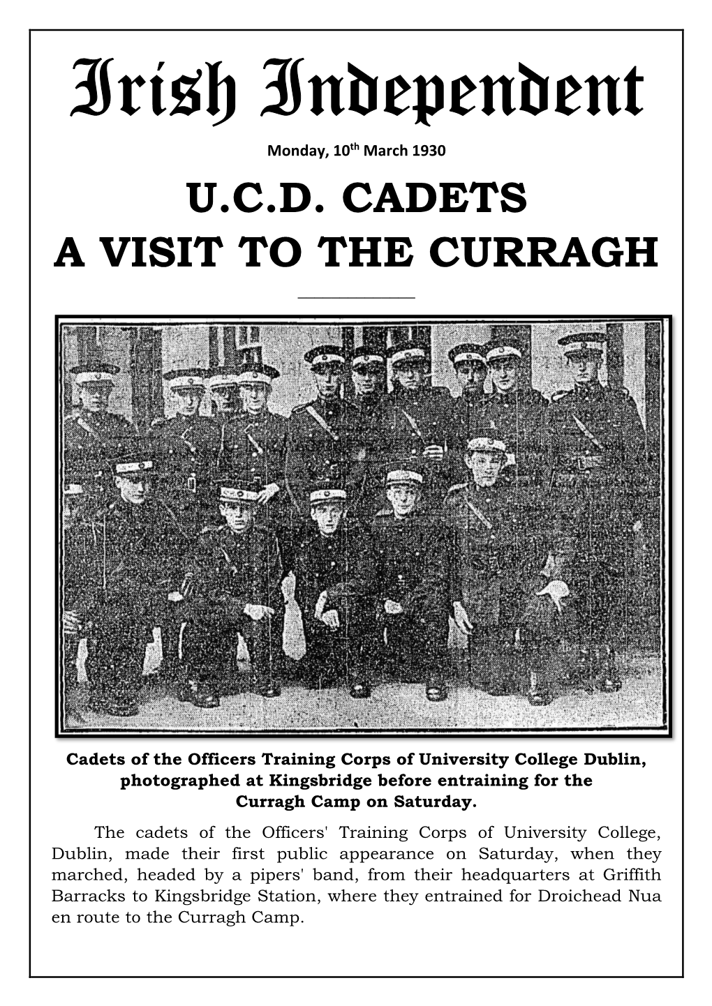 Irish Independent Monday, 10Th March 1930 U.C.D