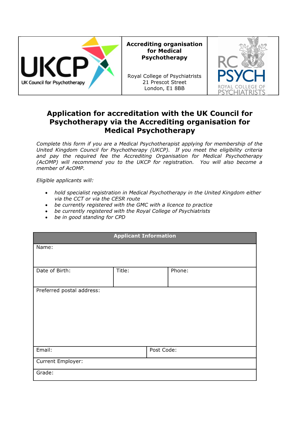 Application for Accreditation with the UK Council for Psychotherapy Via the Accrediting