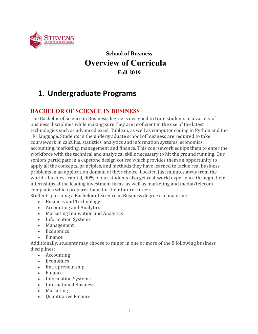 Overview of Curricula 1. Undergraduate Programs