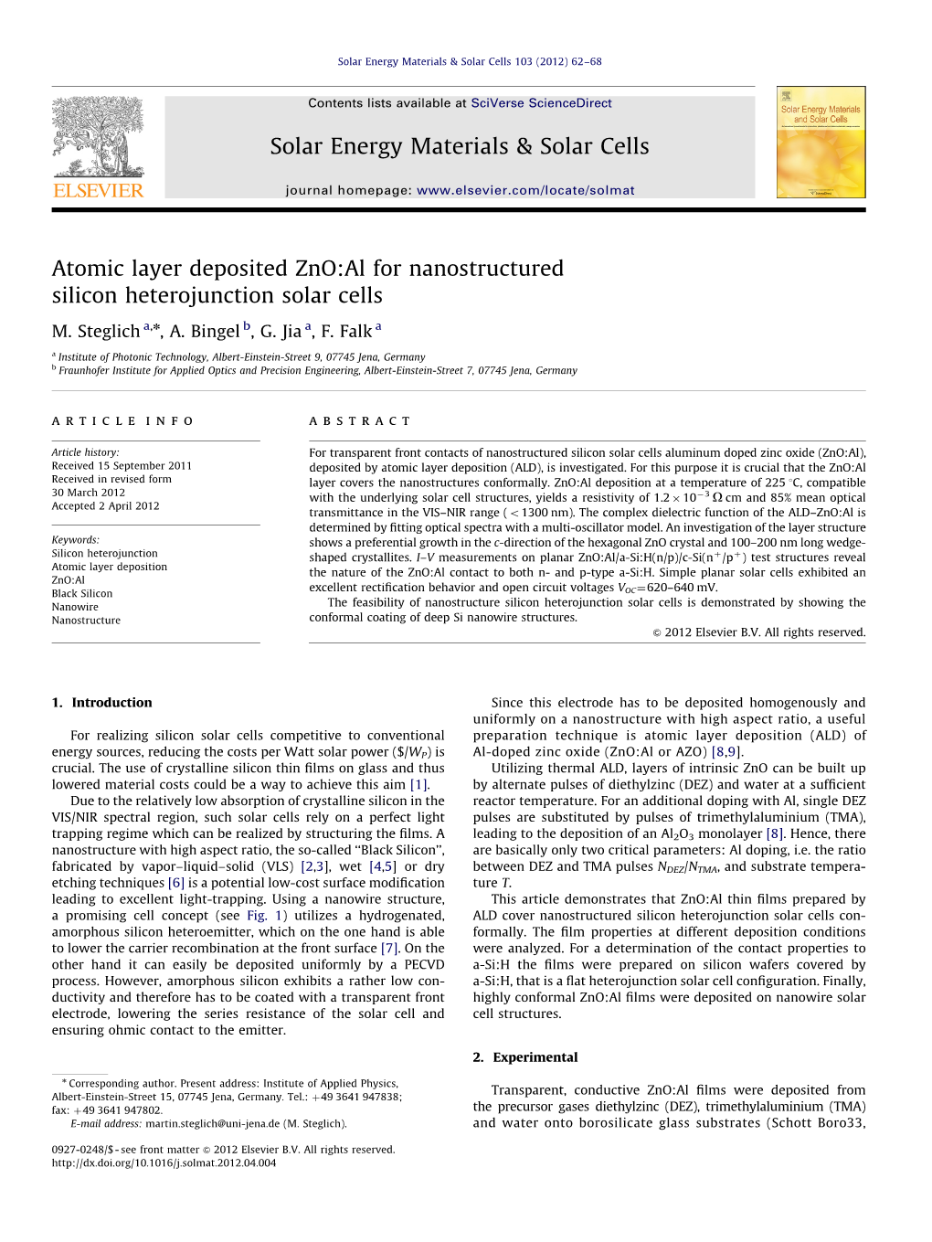 Atomic Layer Deposited Znoal for Nanostructured Silicon Heterojunction Solar Cells