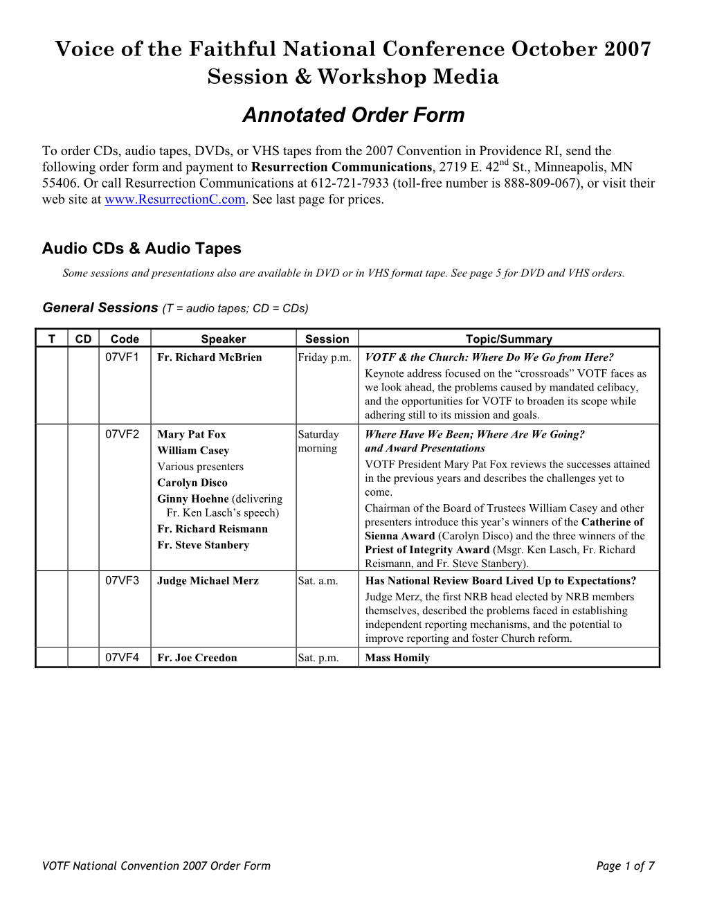 Voice of the Faithful National Conference October 2007 Session & Workshop Media Annotated Order Form