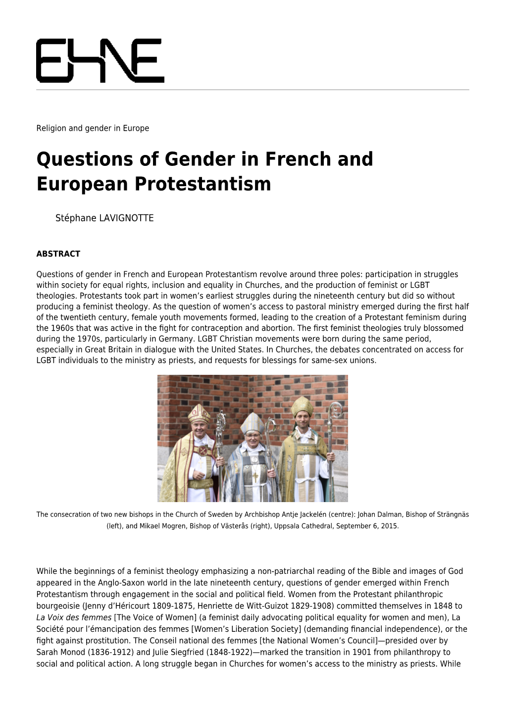 Questions of Gender in French and European Protestantism