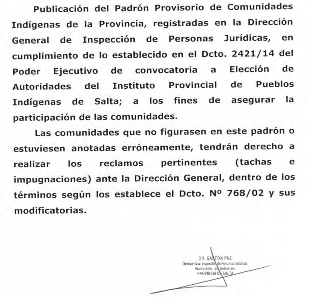 Padron Provisorio De Comunidades Indigenas, Con Registro De Personeria Juridica En La Provincia, En Inst