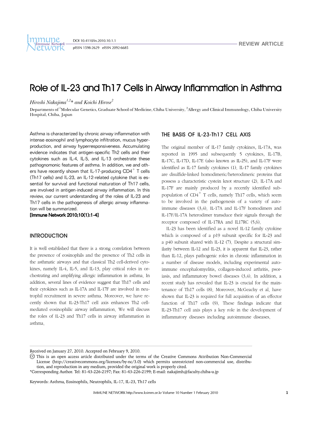 Role of IL-23 and Th17 Cells in Airway Inflammation in Asthma