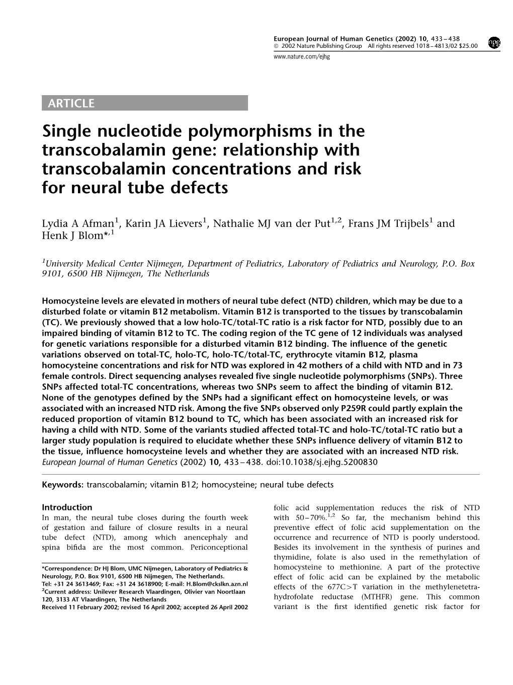 Relationship with Transcobalamin Concentrations and Risk for Neural Tube Defects