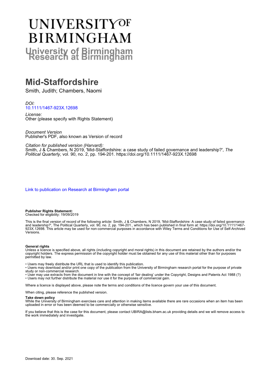 Mid Staffordshire: a Case Study of Failed Governance and Leadership?