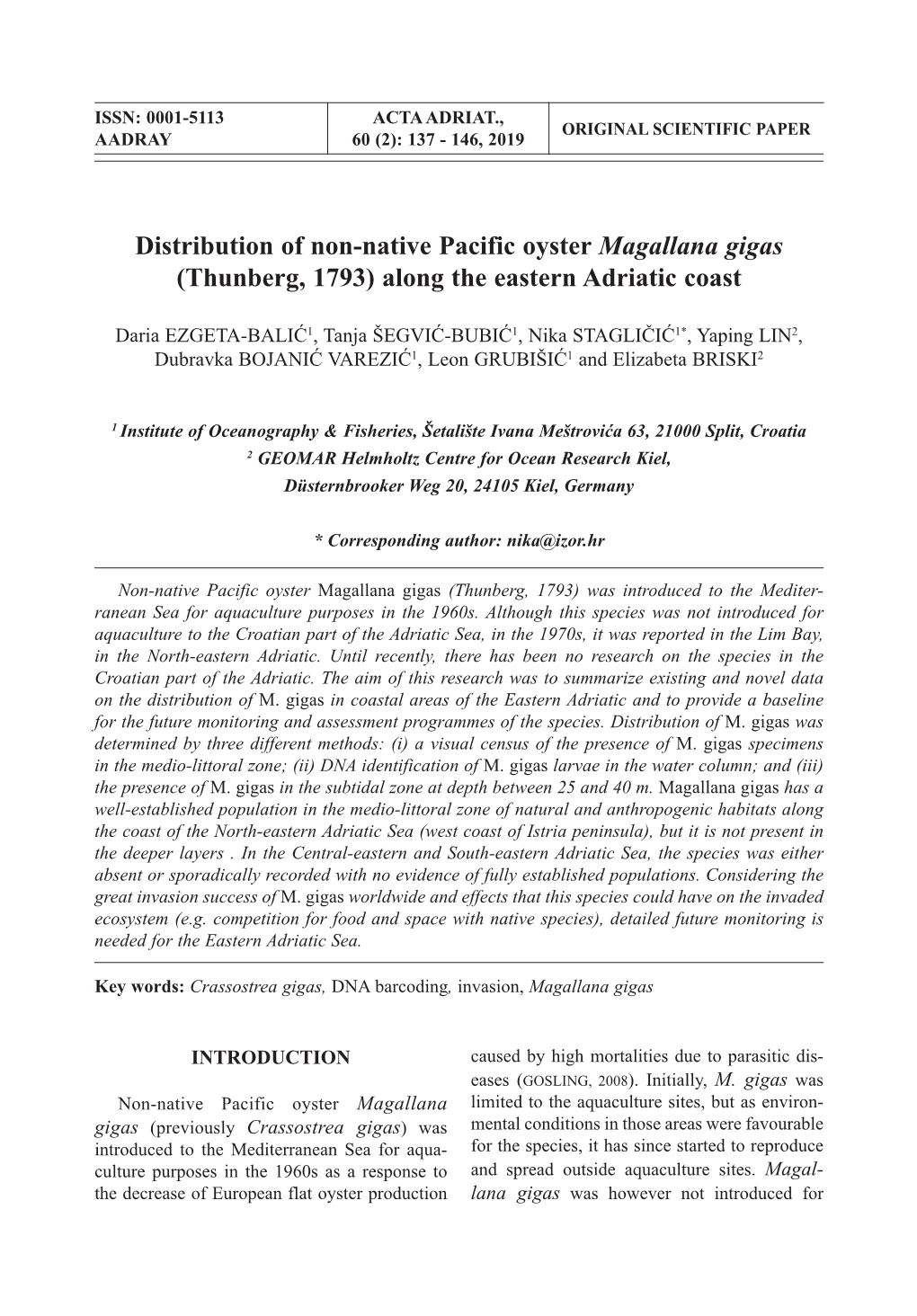 Distribution of Non-Native Pacific Oyster Magallana Gigas (Thunberg, 1793) Along the Eastern Adriatic Coast