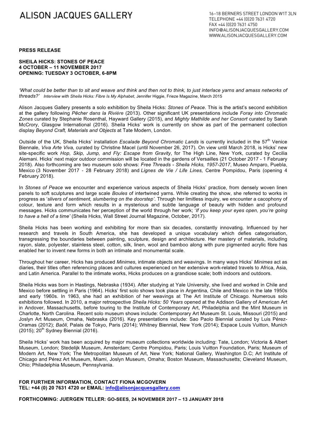 Press Release Sheila Hicks