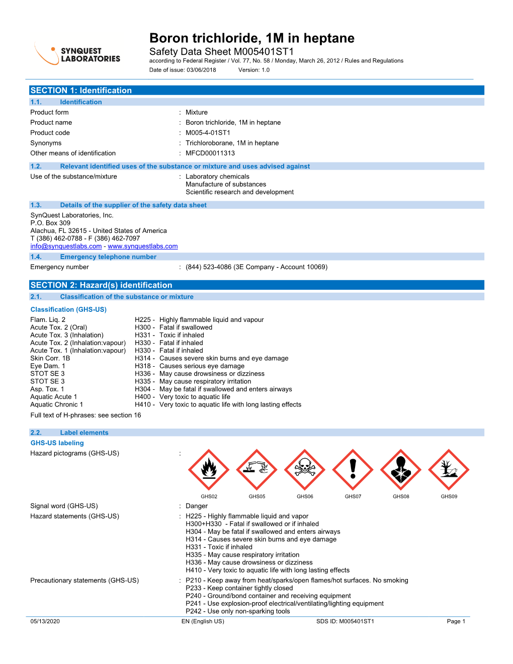 Boron Trichloride, 1M in Heptane Safety Data Sheet M005401ST1 According to Federal Register / Vol