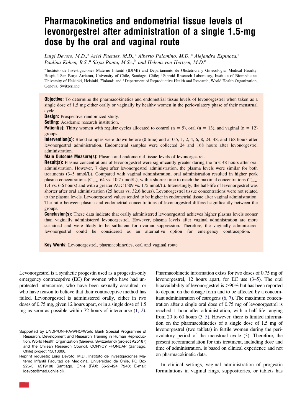 Pharmacokinetics and Endometrial Tissue Levels of Levonorgestrel After Administration of a Single 1.5-Mg Dose by the Oral and Vaginal Route