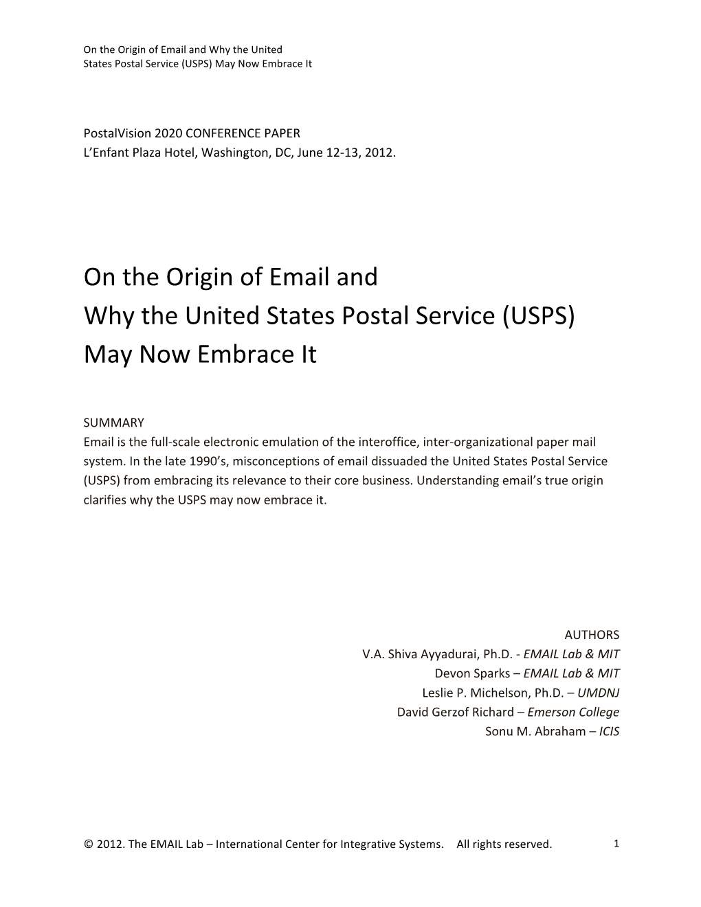 On the Origin of Email and Why the United States Postal Service (USPS) May Now Embrace It