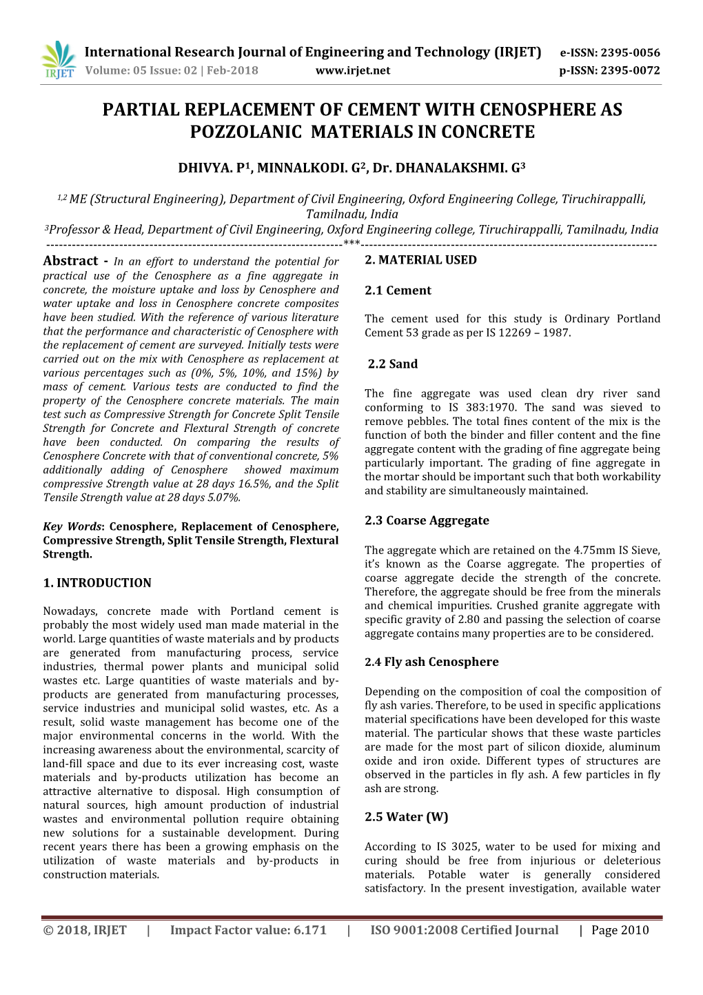 Partial Replacement of Cement with Cenosphere As Pozzolanic Materials in Concrete