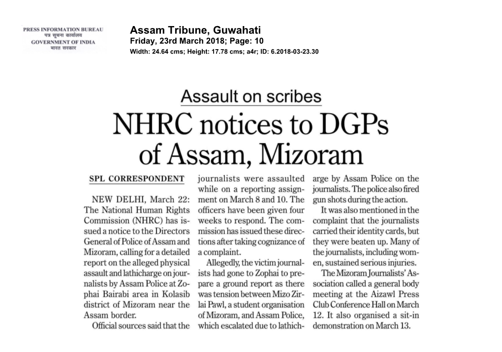 Assam Tribune, Guwahati Friday, 23Rd March 2018; Page: 10 Width: 24.64 Cms; Height: 17.78 Cms; A4r; ID: 6.2018-03-23.30 the Times of India