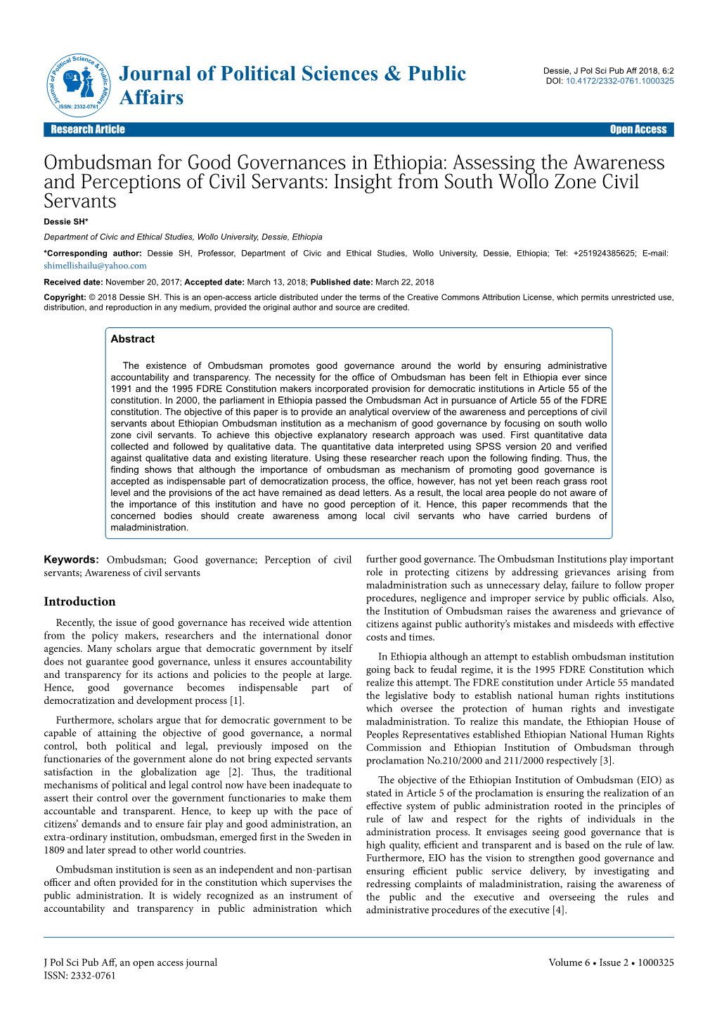 Ombudsman for Good Governances in Ethiopia: Assessing the Awareness and Perceptions of Civil Servants: Insight from South Wollo