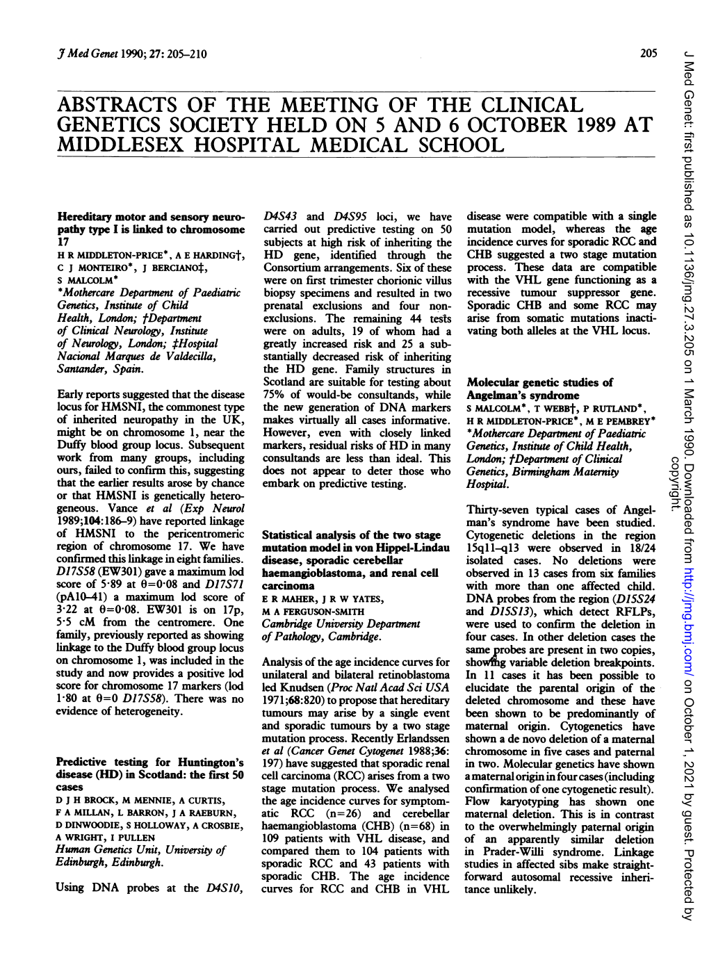 Genetics Society Held on 5 and 6 October 1989 at Middlesex Hospital Medical School