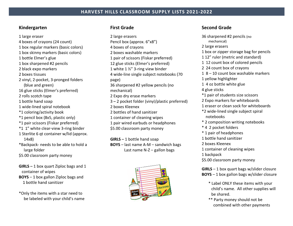 Harvest Hills Classroom Supply Lists 2021-2022