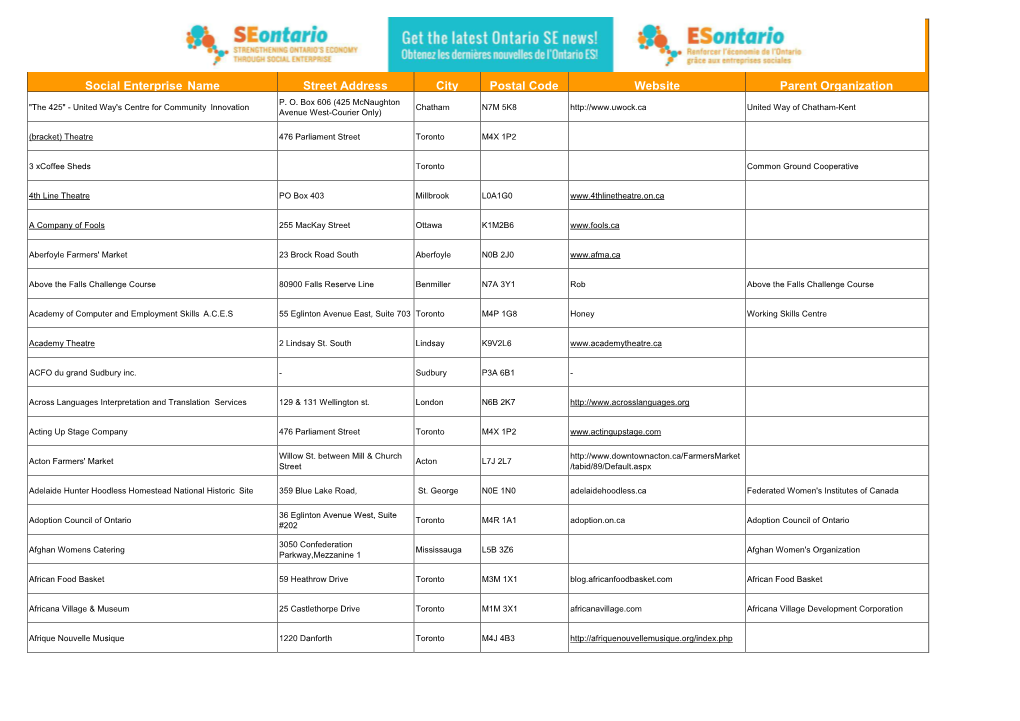 Social Enterprise Name Street Address City Postal Code Website Parent Organization