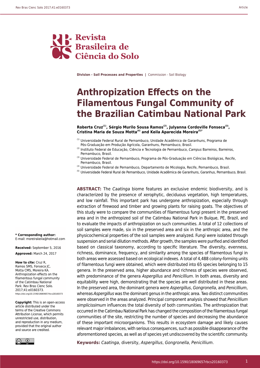 Anthropization Effects on the Filamentous Fungal Community of the Brazilian Catimbau National Park