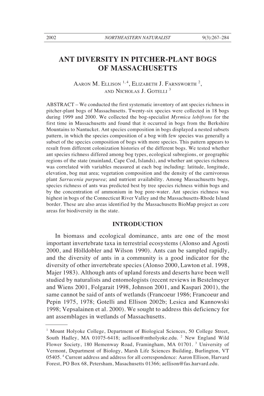 Ant Diversity in Pitcher-Plant Bogs of Massachusetts