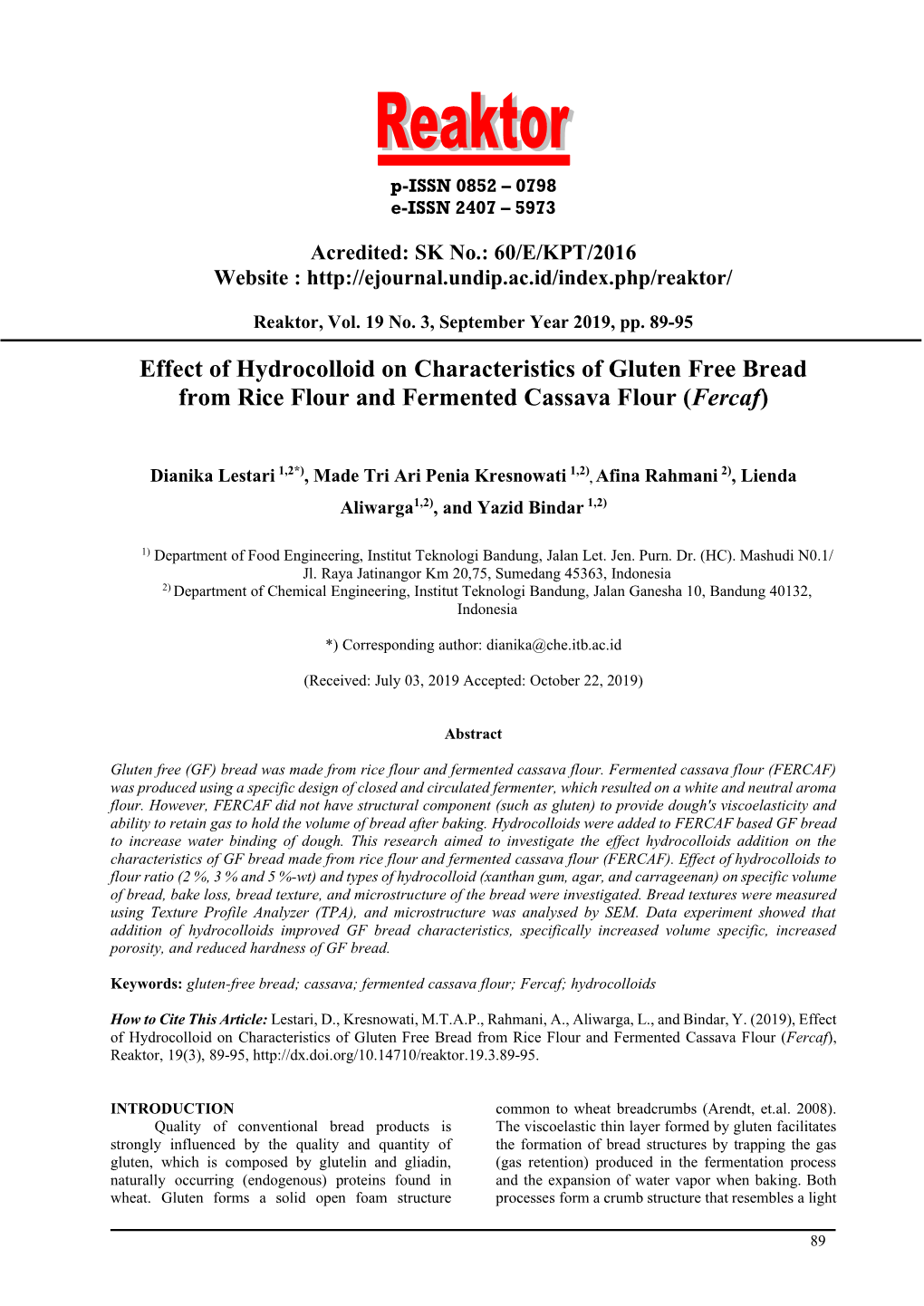 Effect of Hydrocolloid on Characteristics of Gluten Free Bread from Rice Flour and Fermented Cassava Flour (Fercaf)