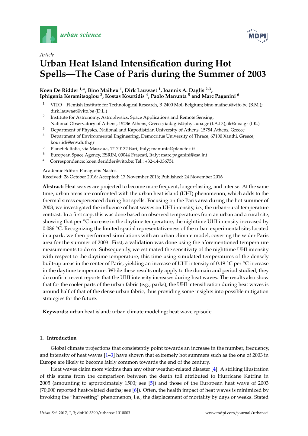 Urban Heat Island Intensification During Hot Spells—The Case Of