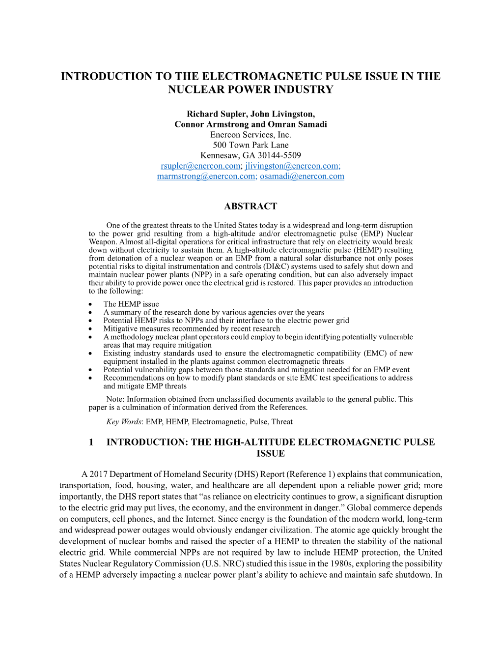 Introduction to the Electromagnetic Pulse Issue in the Nuclear Power Industry