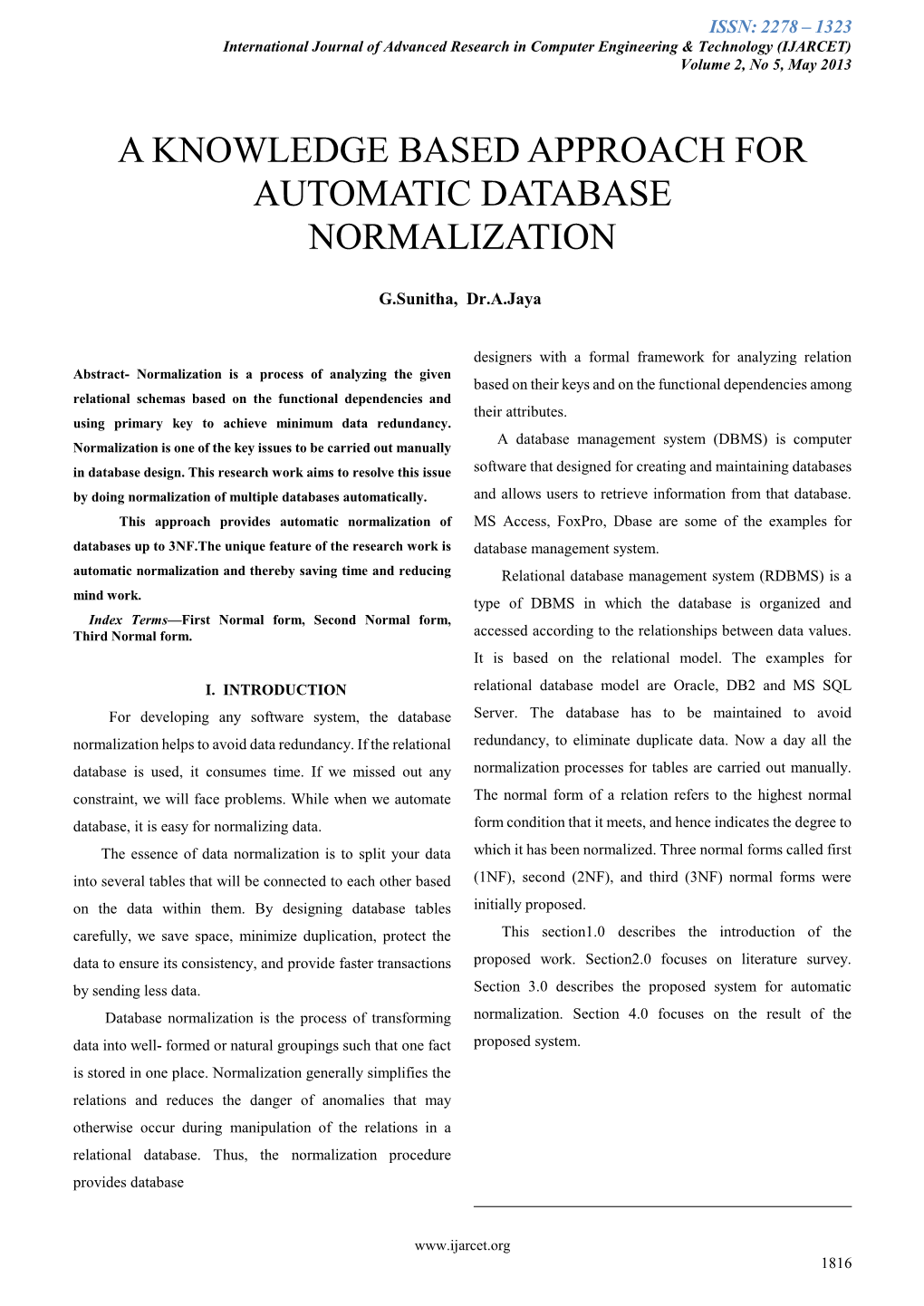 A Knowledge Based Approach for Automatic Database Normalization