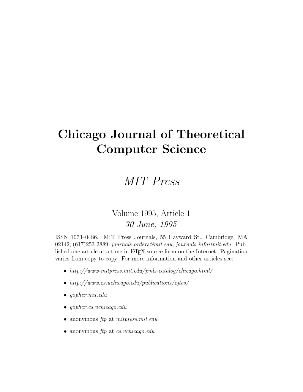 Chicago Journal of Theoretical Computer Science MIT Press