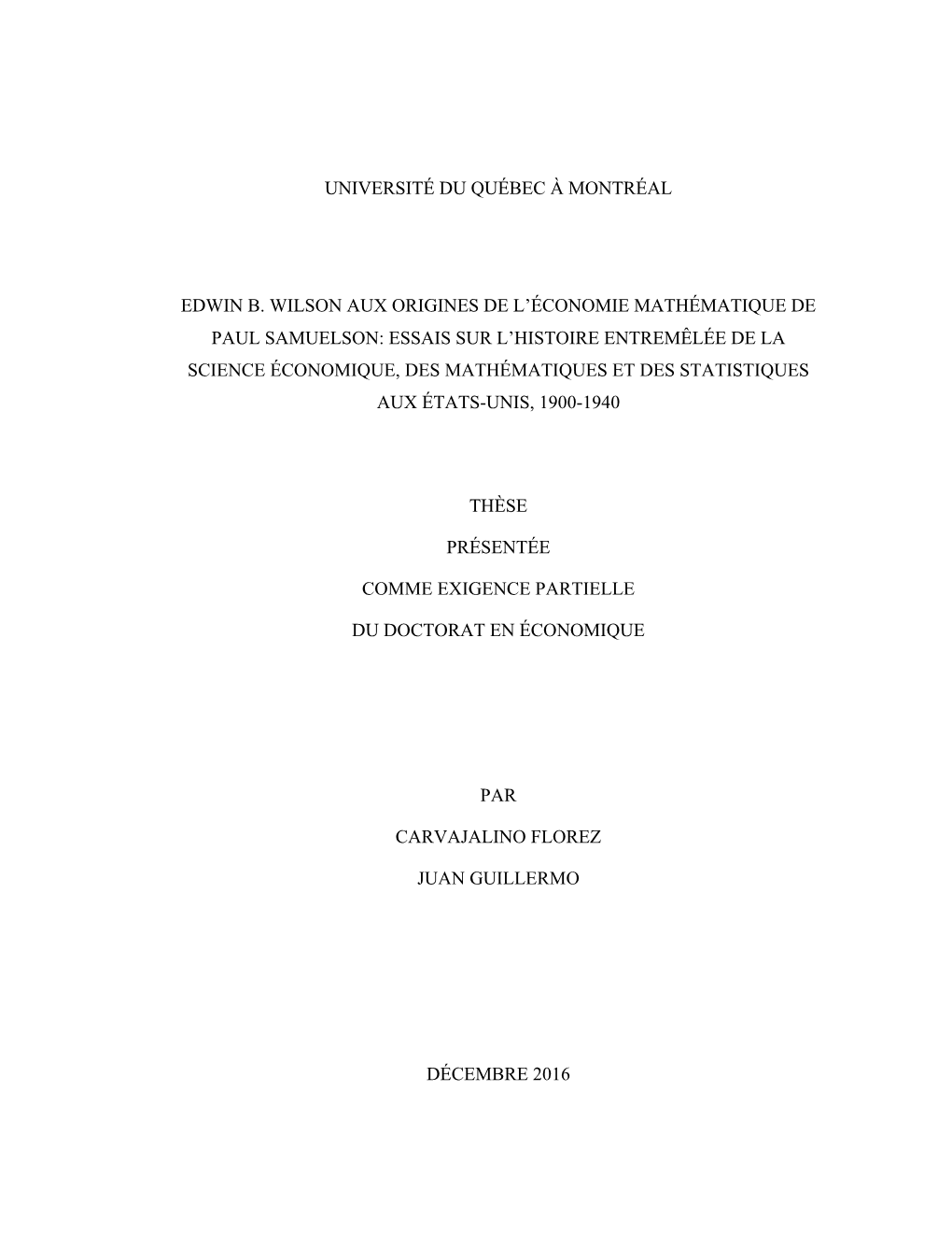 Université Du Québec À Montréal Edwin B. Wilson Aux Origines De L'économie Mathématique De Paul Samuelson: Essais Sur L