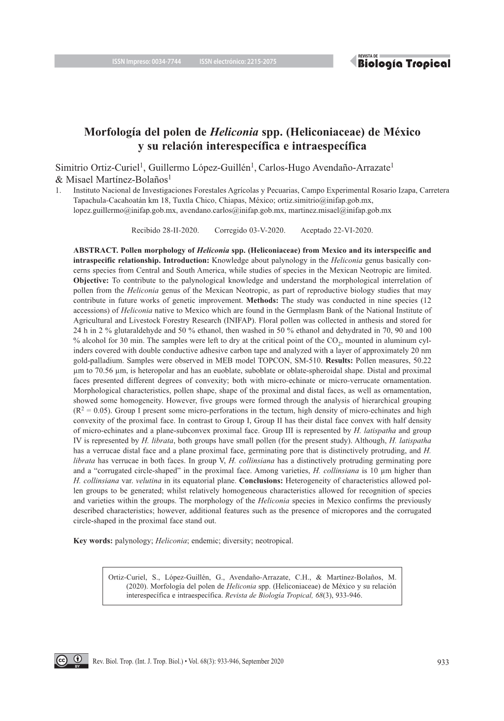 Morfología Del Polen De Heliconia Spp. (Heliconiaceae) De México Y Su Relación Interespecífica E Intraespecífica