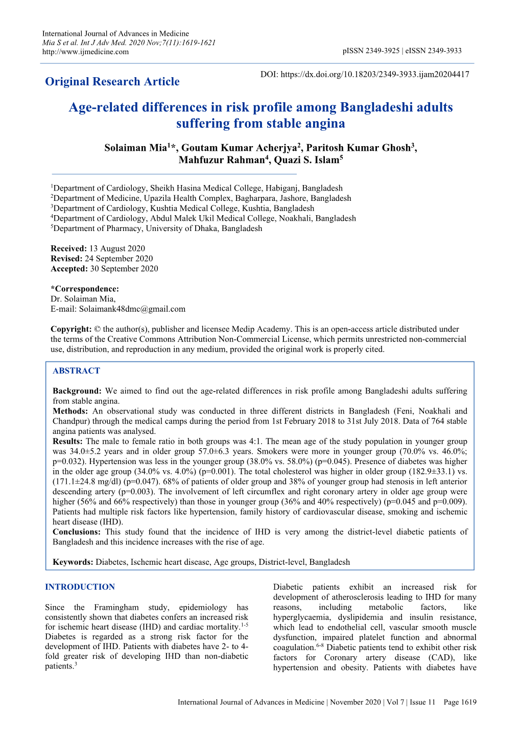 Age-Related Differences in Risk Profile Among Bangladeshi Adults Suffering from Stable Angina