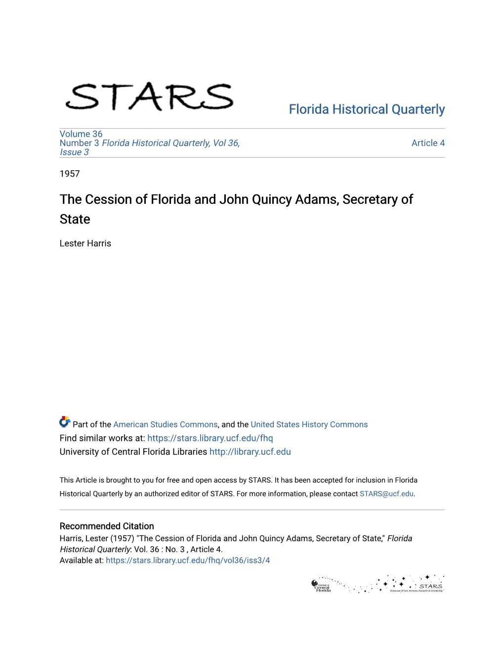 The Cession of Florida and John Quincy Adams, Secretary of State