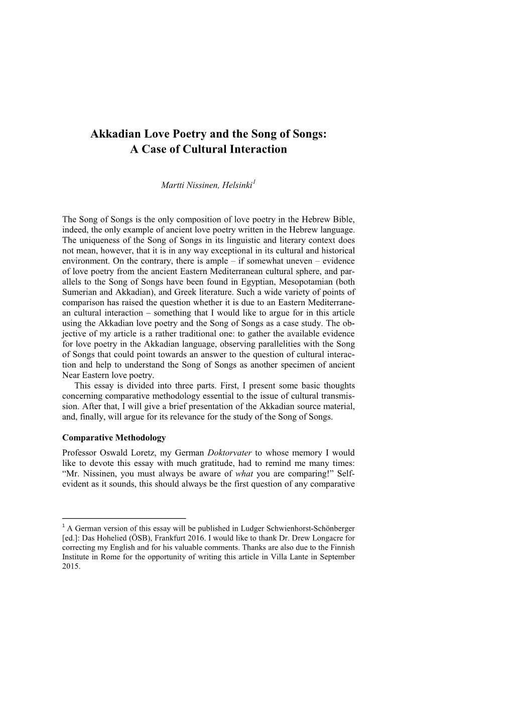 Akkadian Love Poetry and the Song of Songs: a Case of Cultural Interaction