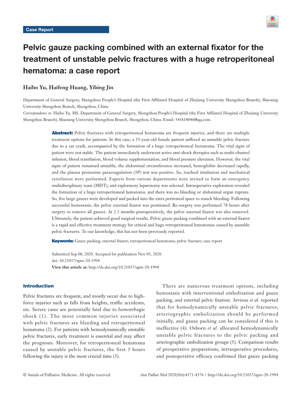 Pelvic Gauze Packing Combined with an External Fixator for the Treatment of Unstable Pelvic Fractures with a Huge Retroperitoneal Hematoma: a Case Report