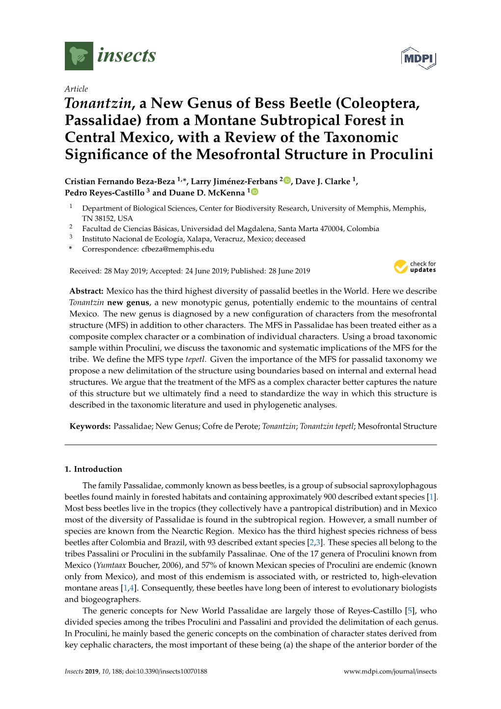 Coleoptera, Passalidae) from a Montane Subtropical Forest in Central Mexico, with a Review of the Taxonomic Signiﬁcance of the Mesofrontal Structure in Proculini