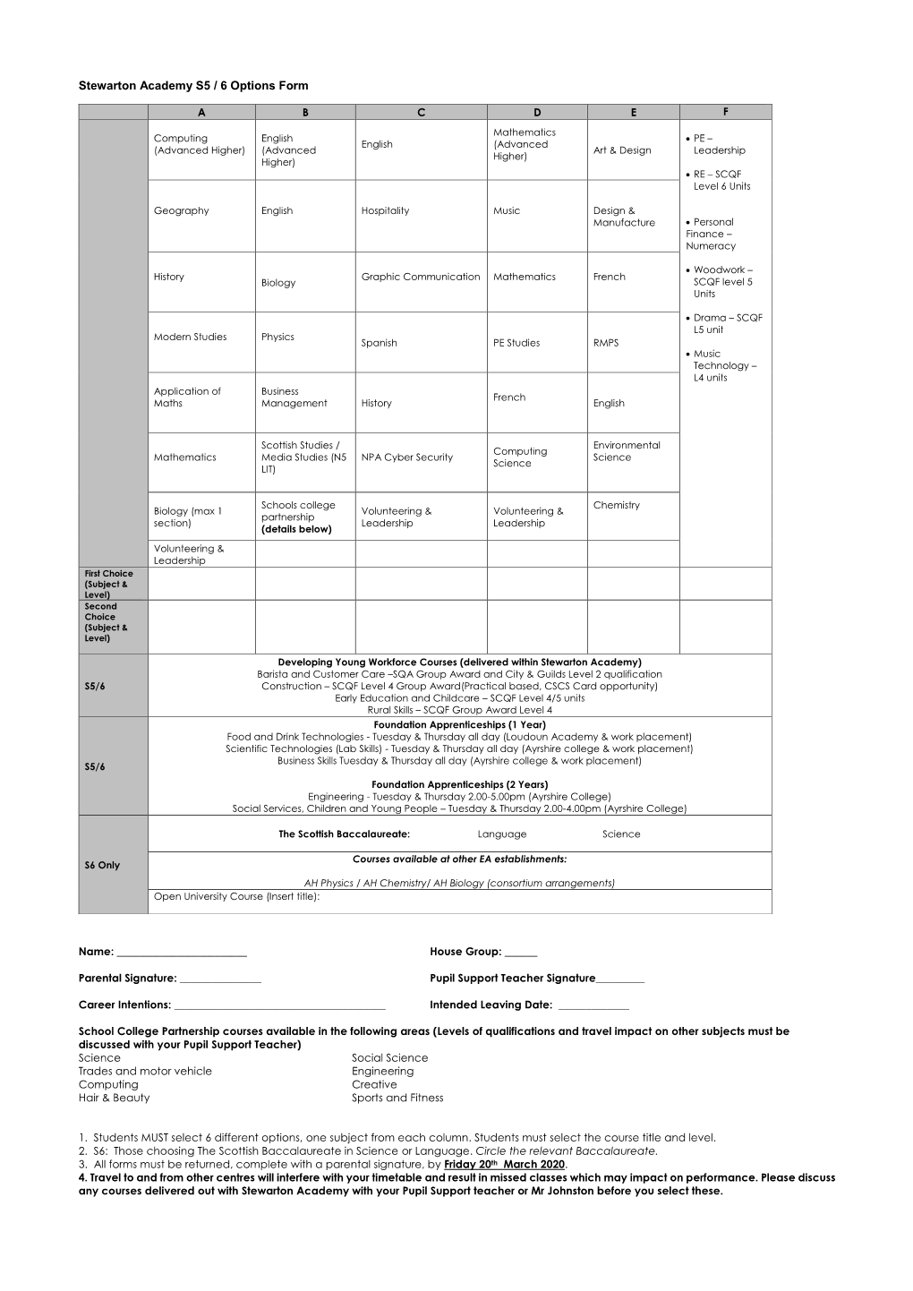 Stewarton Academy S5 / 6 Options Form