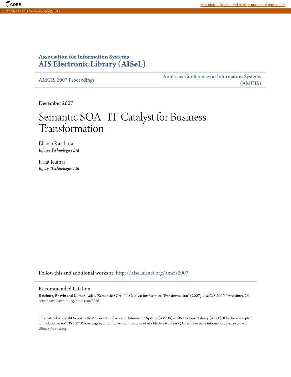 Semantic SOA - IT Catalyst for Business Transformation Bhavin Raichura Infosys Technologies Ltd