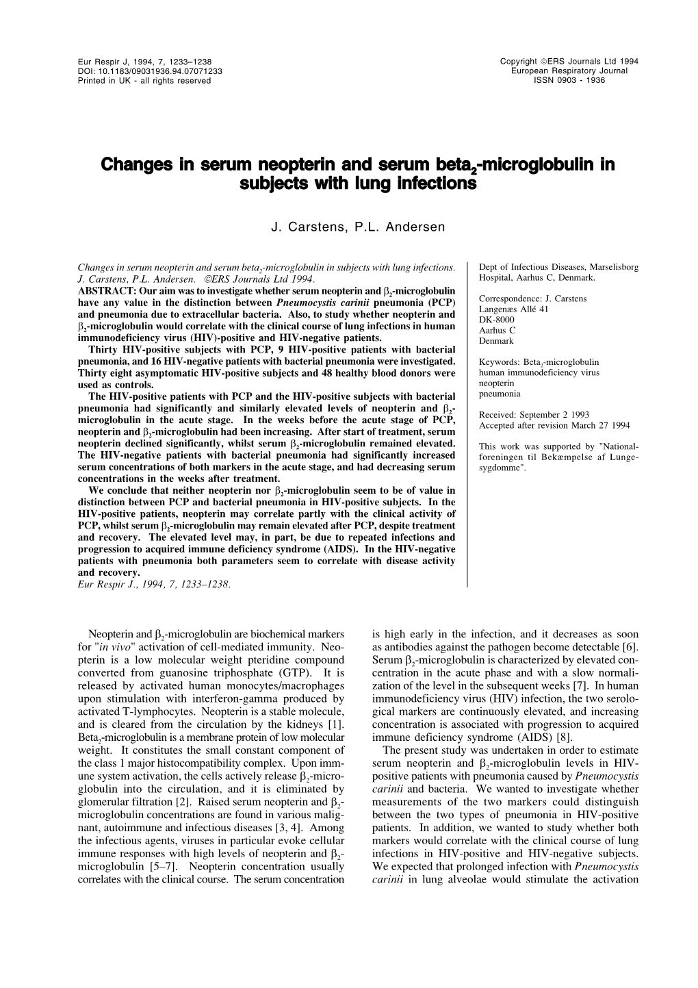 Changes in Serum Neopterin and Serum Beta2-Microglobulin in Subjects with Lung Infections