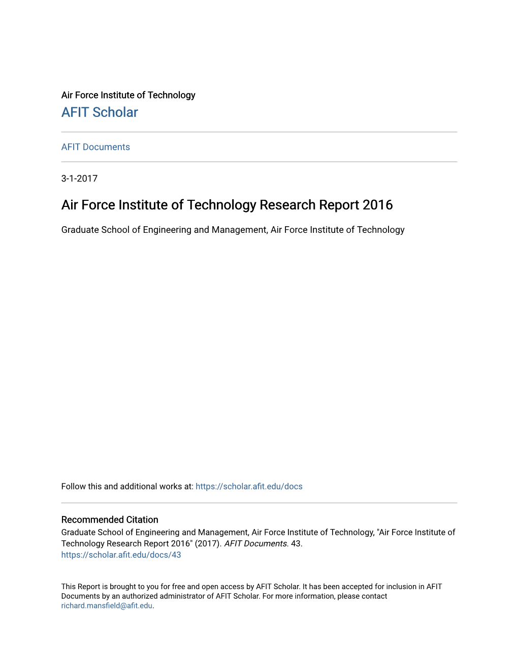 Air Force Institute of Technology Research Report 2016